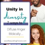 an image of multicolor men and women with text Unity in Diversity: 7 Ways to Diffuse Anger Biblically