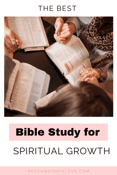 woman holding hands praying with opened bibles doing a bible study with text Bible Studies for Spiritual Growth