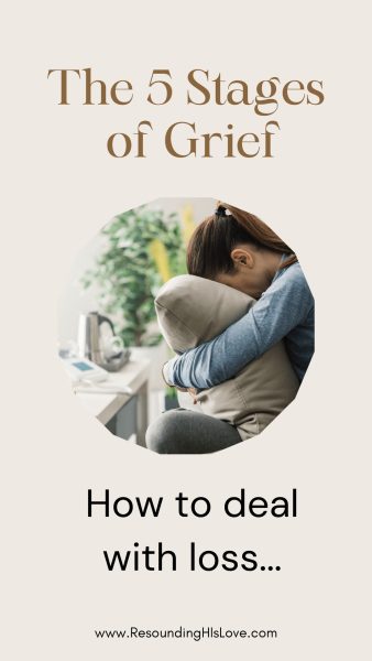 a woman wearing blue shirt grasping a tan pillow crying with text How to Cope with Tragedy and Loss - 5 Stages of Grief