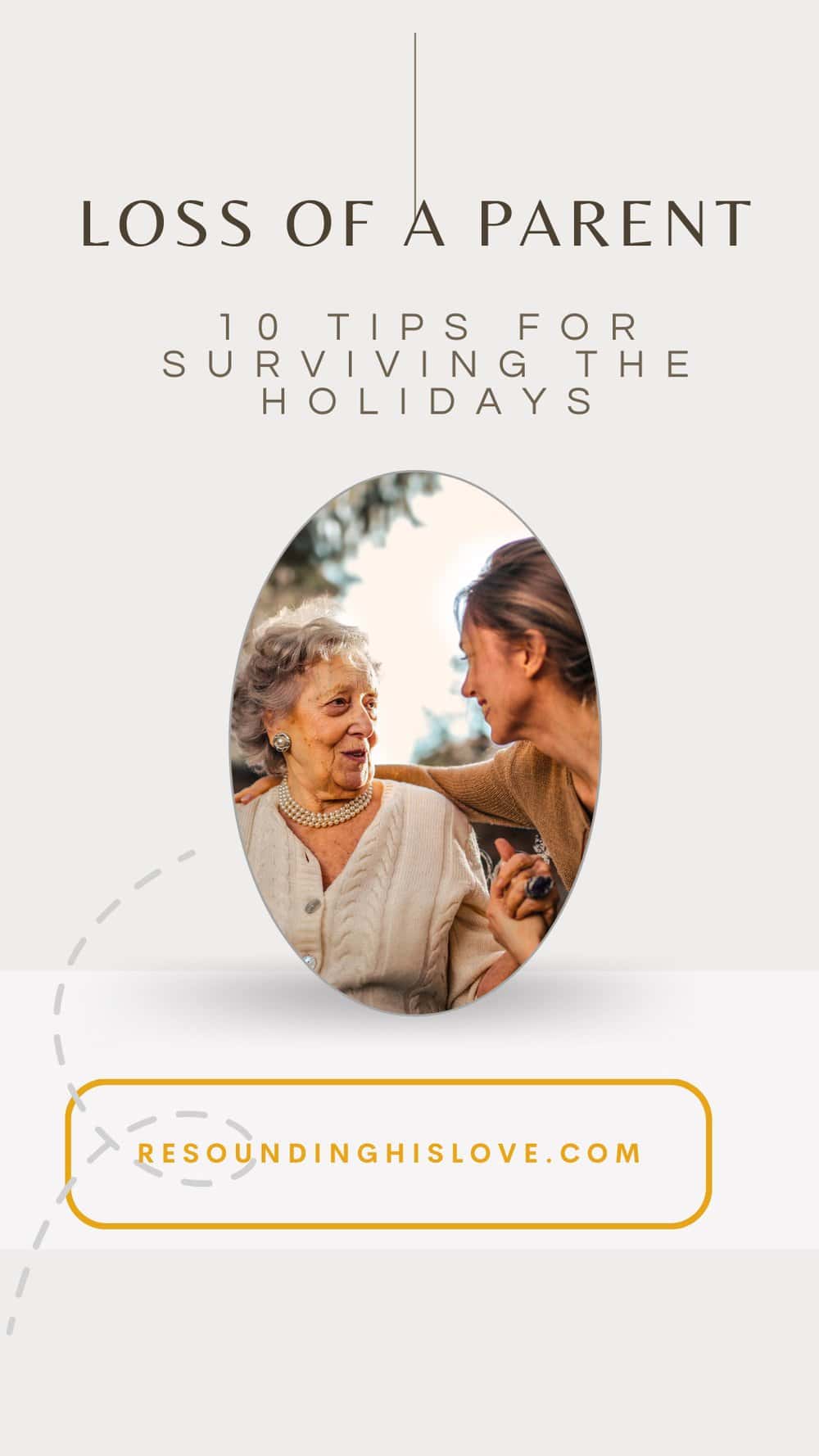 a mother and daughter inside an oval image with text Loss of a Parent 10 Tips for Surviving the holidays