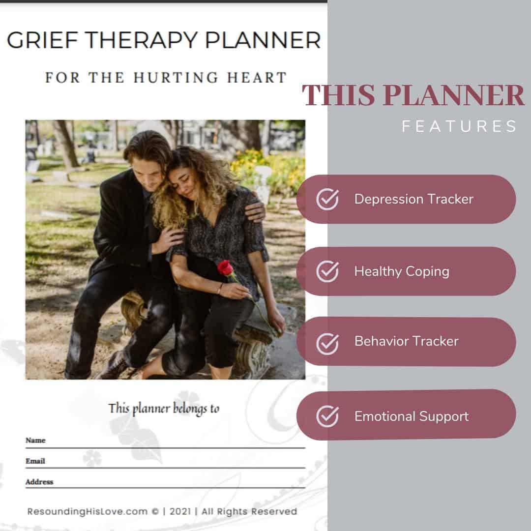 a sad couple comforting one another with text Grief Therapy Planner for the Hurting Heart