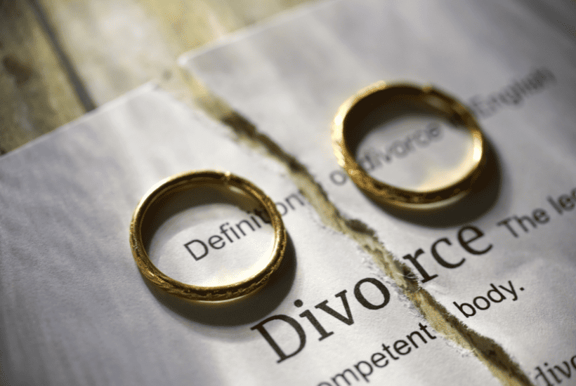 What Does The Bible Say About Divorce? Biblical Grounds For Divorce displaying two wedding rings with the word Divorce between them with a brown string between the rings